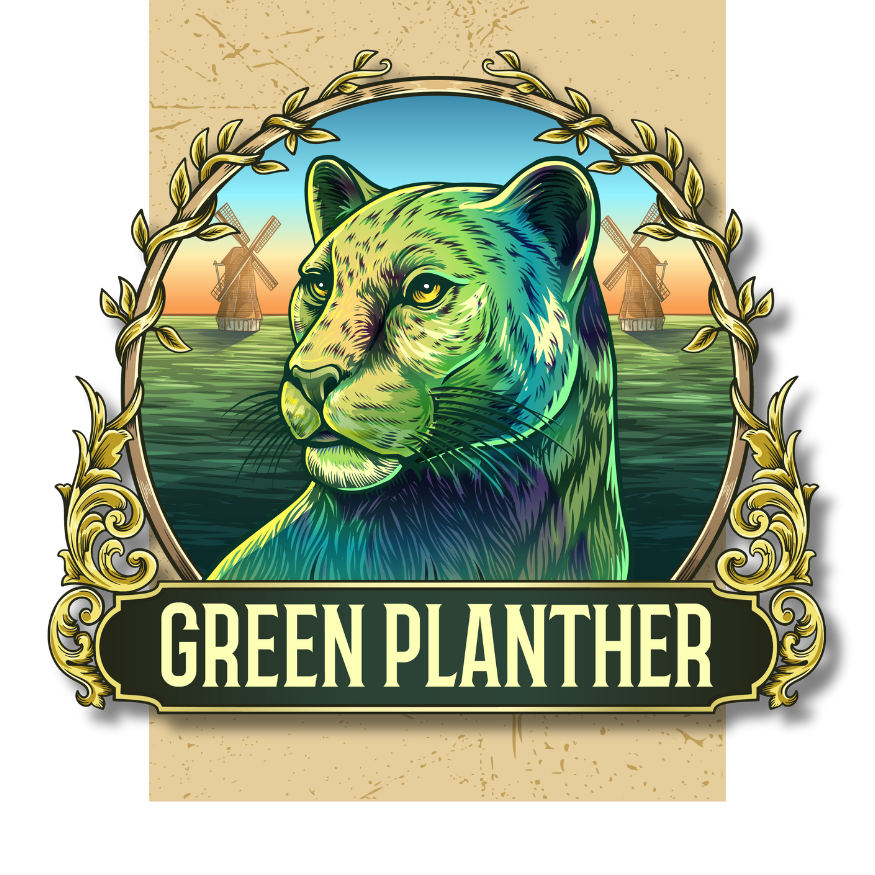 Een groene panter houdt een plant in zijn poten.