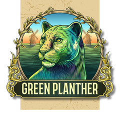 Een groene panter houdt een plant in zijn poten.