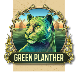 Een groene panter houdt een plant in zijn poten.