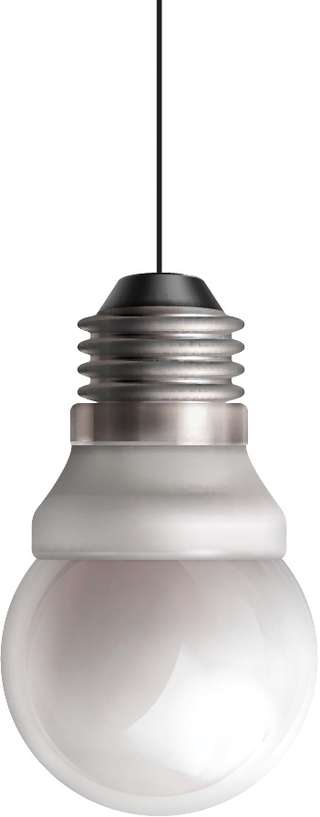 A white and silver light bulb hanging from a black cord.