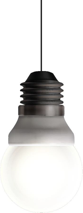 A white and silver light bulb hanging from a black cord.