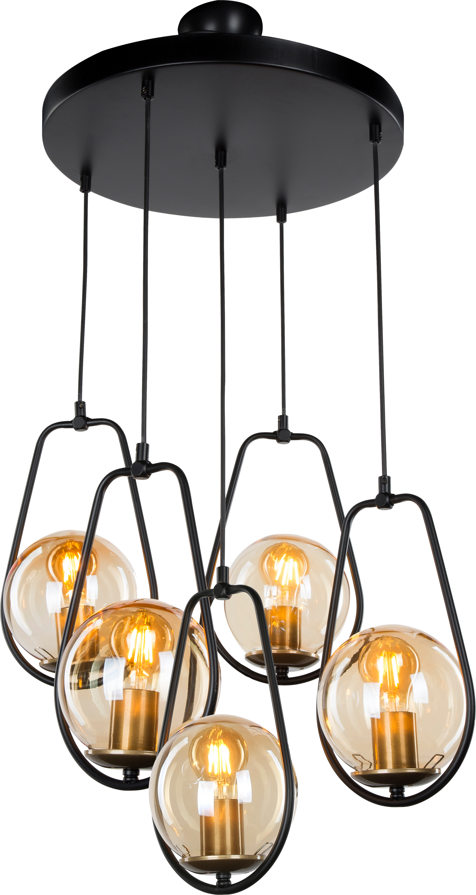 Black pendant light fixture with five amber glass globe shades.