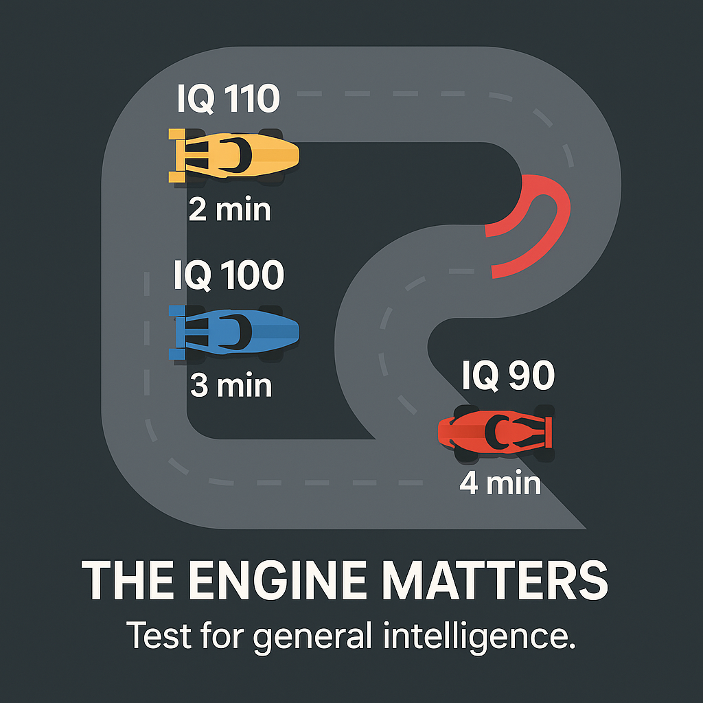 A cartoon graphic of a racetrack with  cars on it.