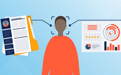 A graphic depicting a job candidate between a CV and test