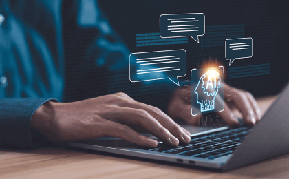 person a laptop with images floating above.