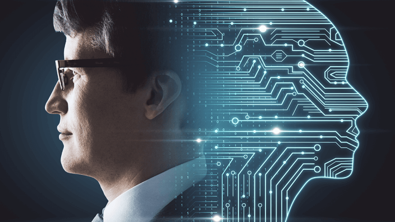 A human face backed onto a AI represented face