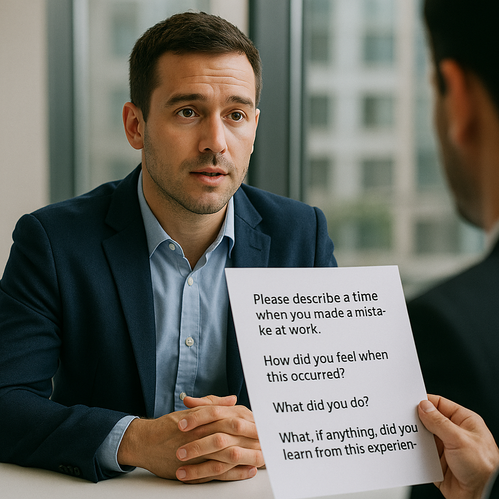 An interviewer holding a piece of paper with questions for a job candidate.