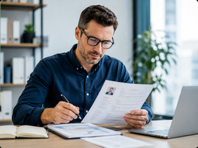 Person reviewing resume documents at a desk with a laptop, notebook, and pen in a bright office