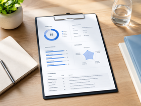 Clipboard with analytics report on desk, showing blue charts  with psychometric testing results beside a notebook, plant, and water glass