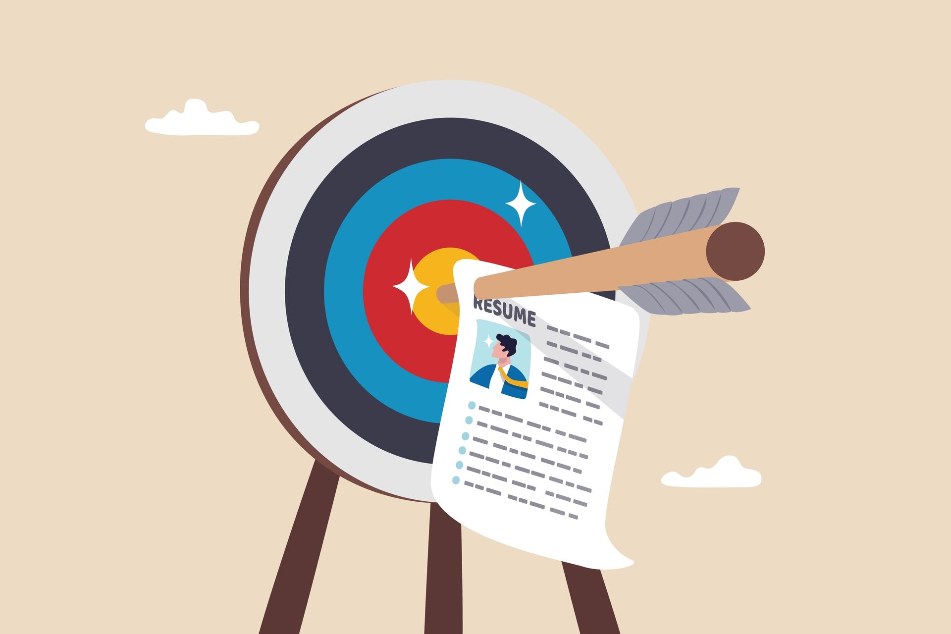 A graphic of a bulls eye with a resume attached to an arrow
