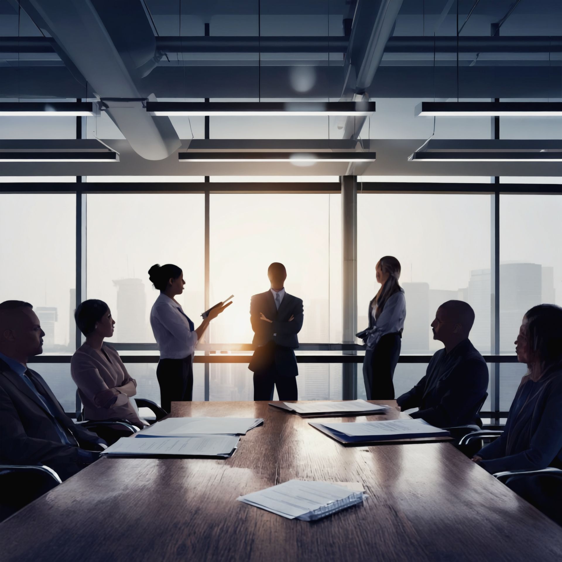 A board room meeting with everyone in the shadows