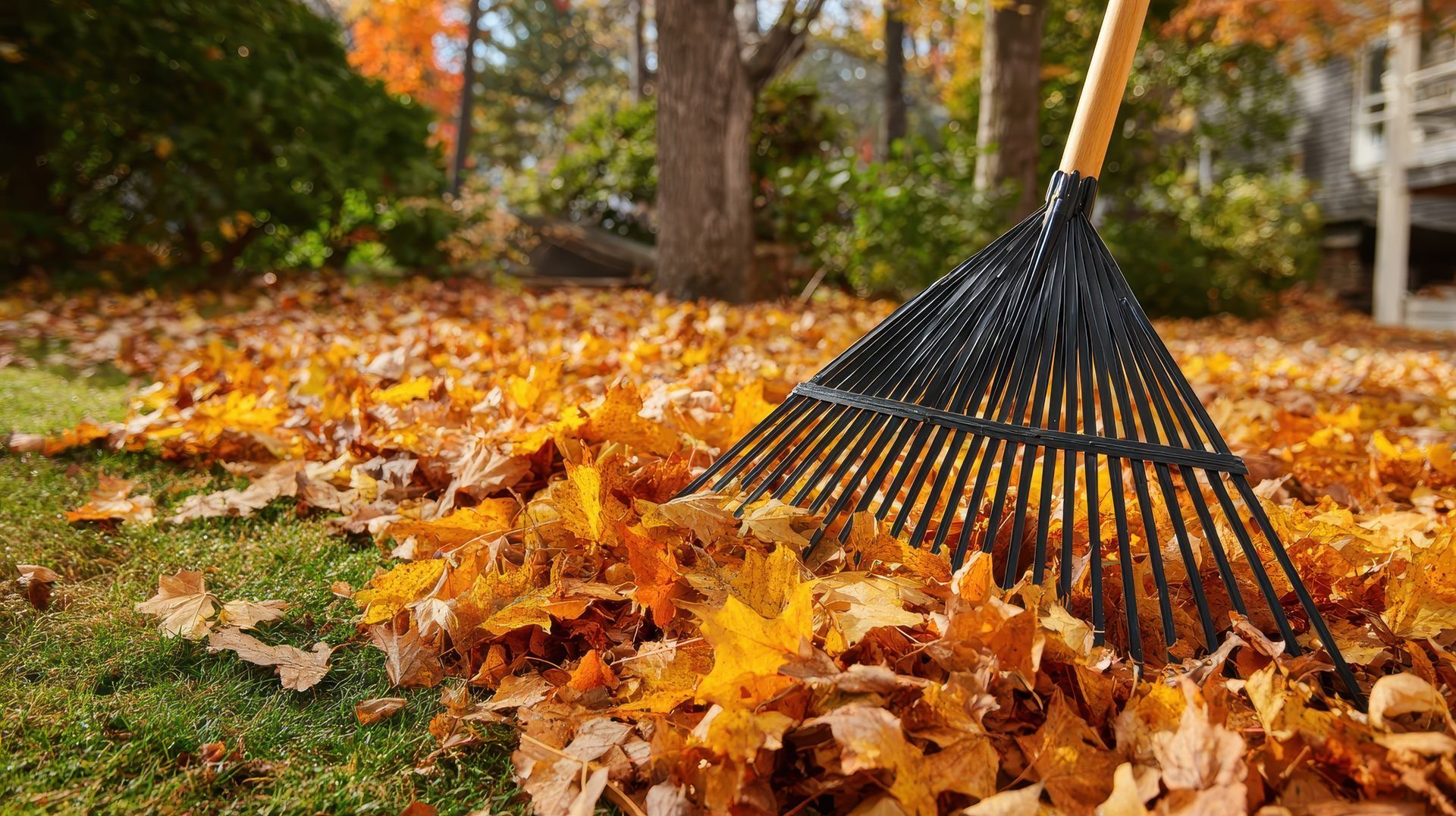 Rake gathering a pile of colorful autumn leaves on a lawn.