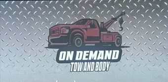 Logo of "On Demand Tow and Body" with a red tow truck on diamond-plate background.