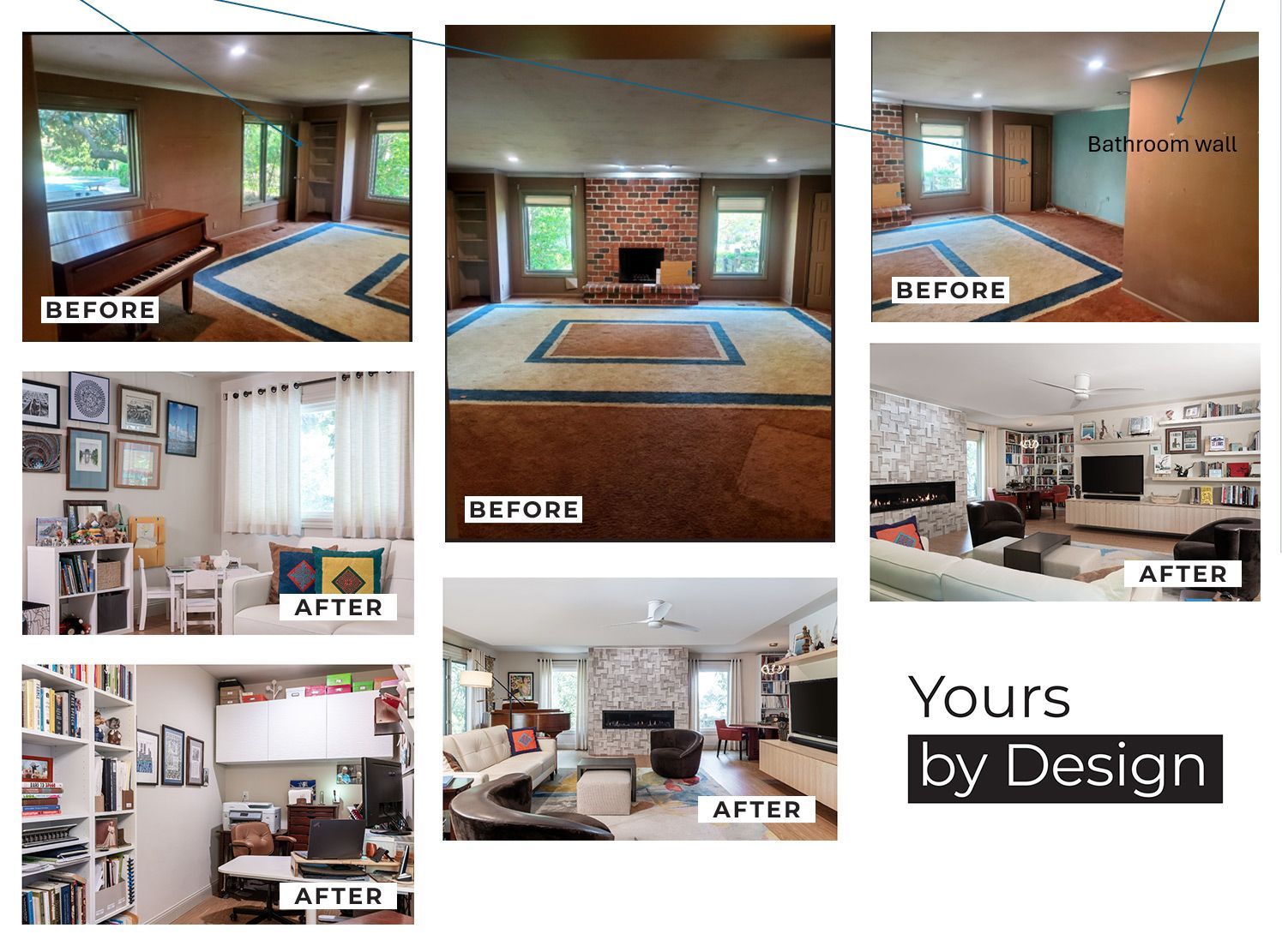 A before and after photo of a living room with a fireplace.