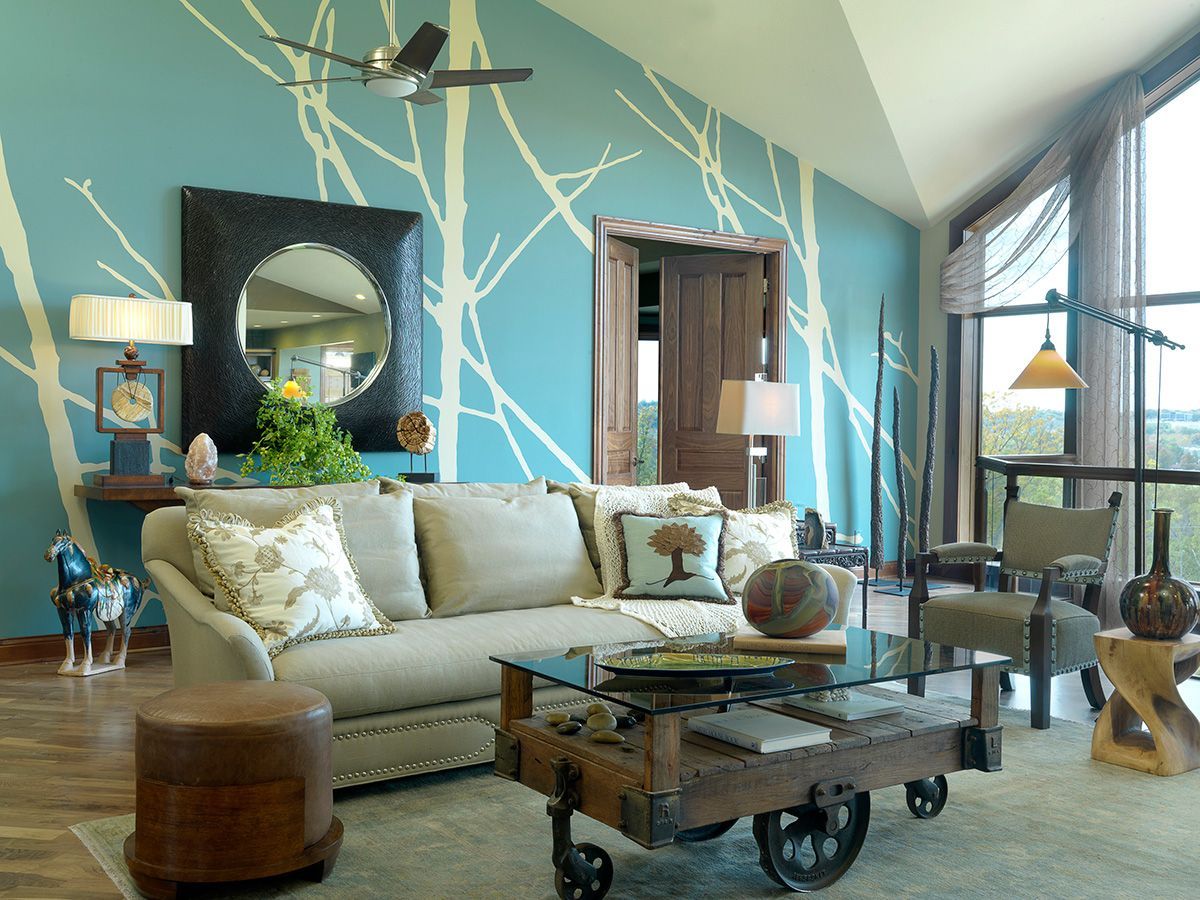 A living room with a couch and a coffee table