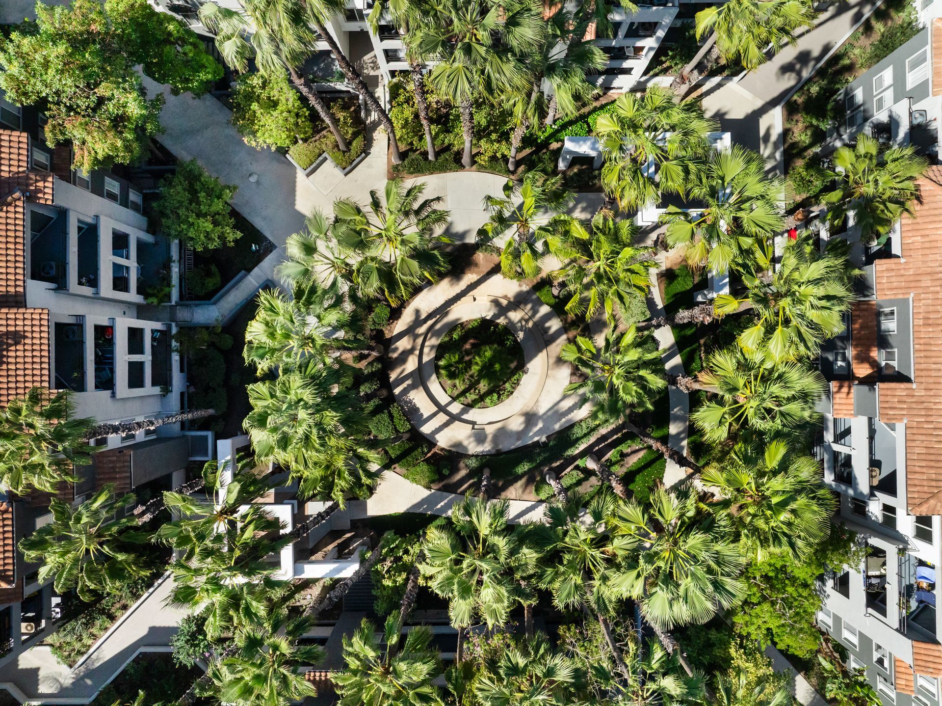Overhead view of a courtyard with palm trees and walkways, surrounded by buildings with orange roofs.