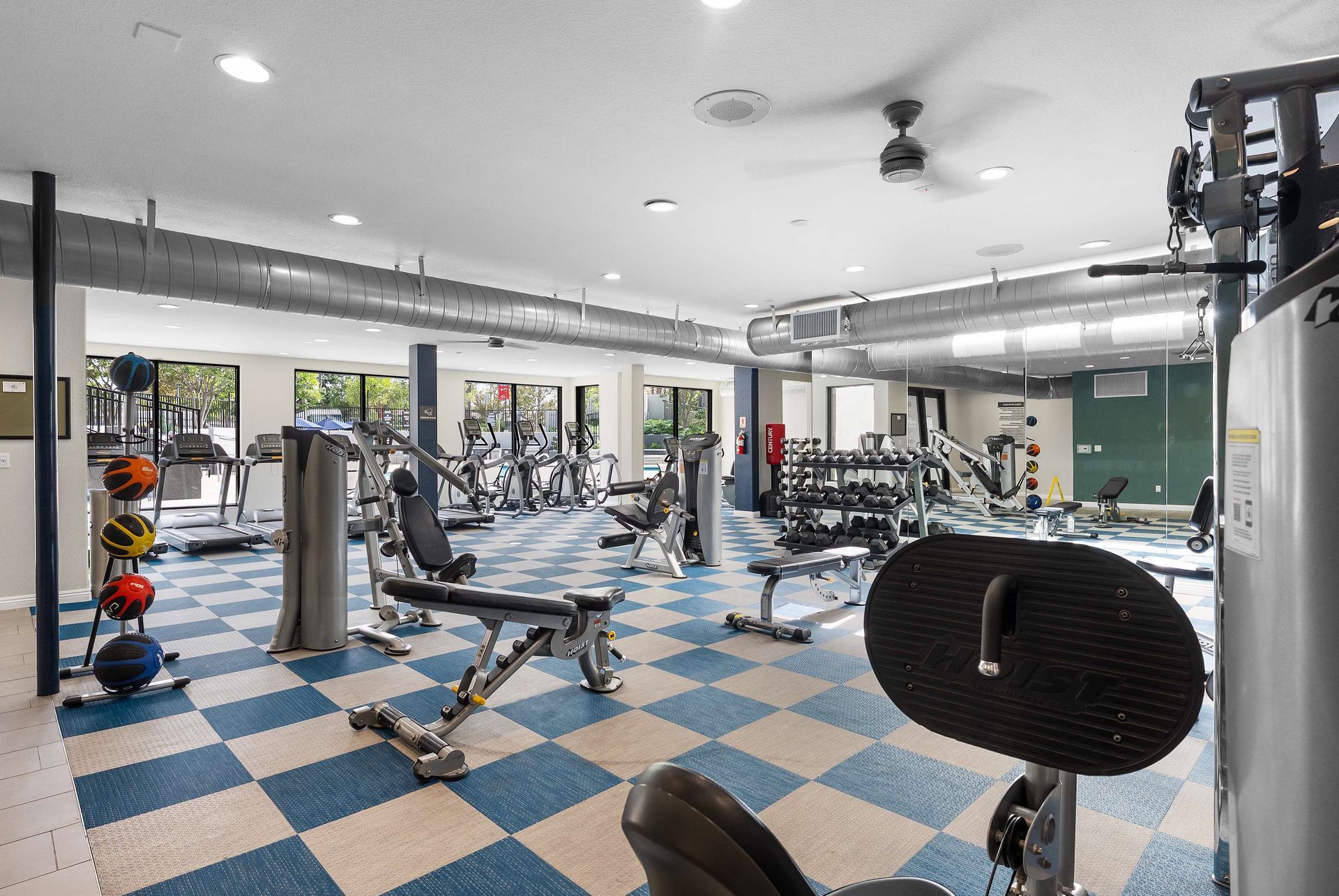 Gym interior with weight machines, free weights, treadmills, and checkered blue and white flooring.