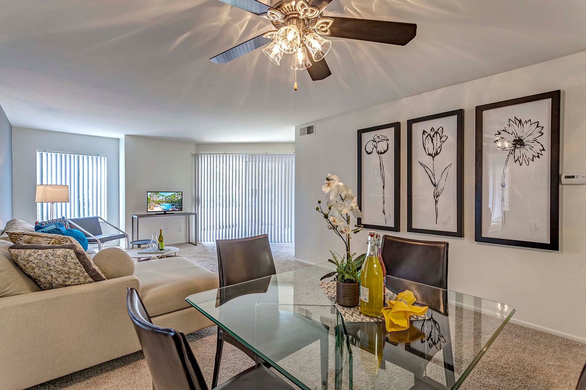 a living room with a dining table and chairs and a ceiling fan .
