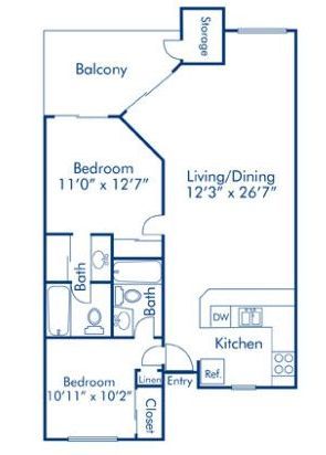 a floor plan of a two bedroom apartment with a balcony . 