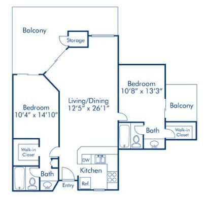 a floor plan of a two bedroom apartment with a balcony .