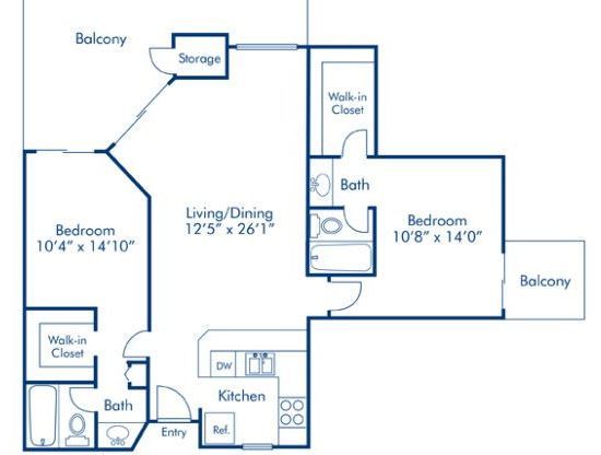 a floor plan of a two bedroom apartment with a balcony .