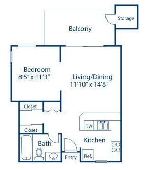 a floor plan of a bedroom , living / dining room , and balcony .