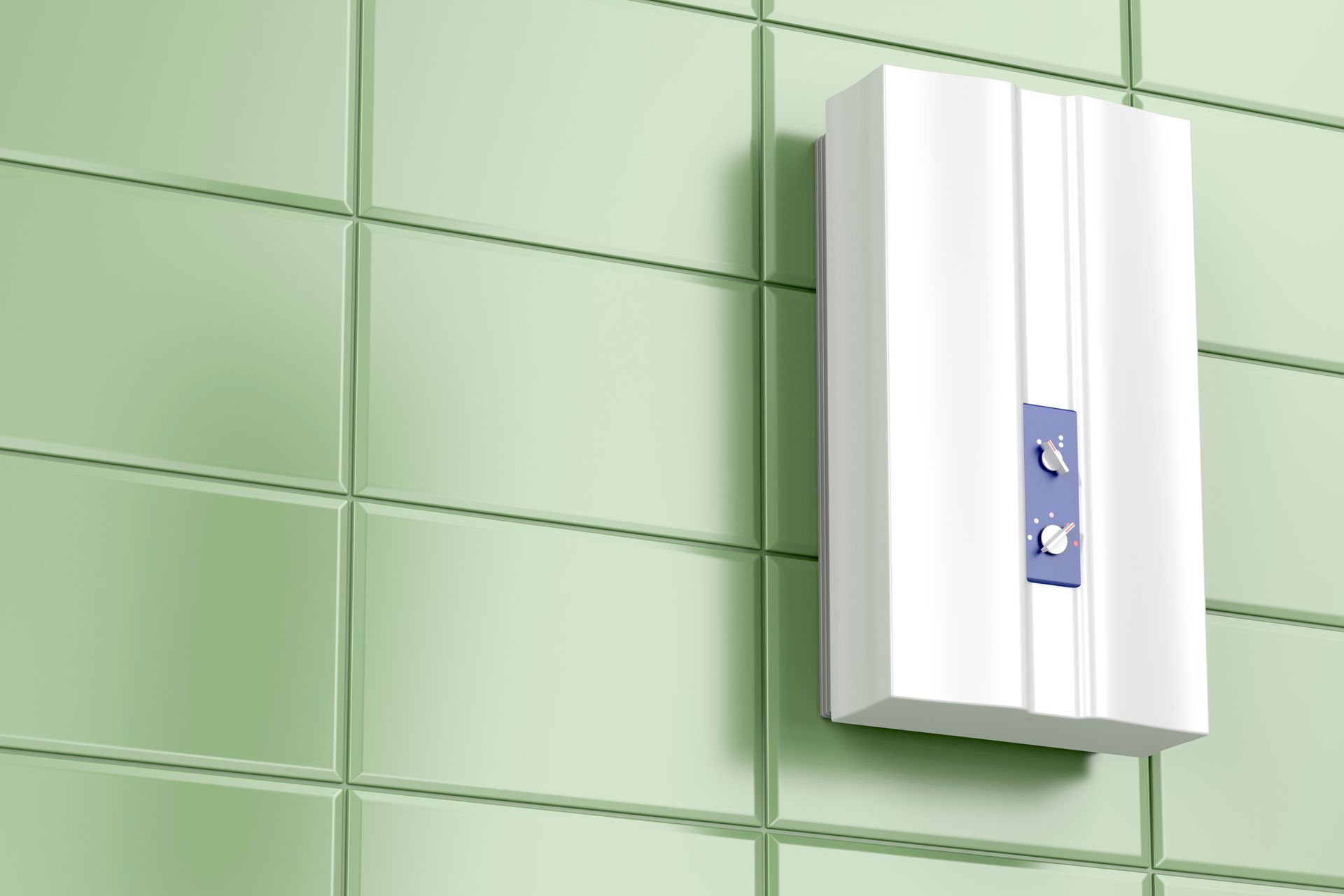 White electric water heater on green tiled wall.