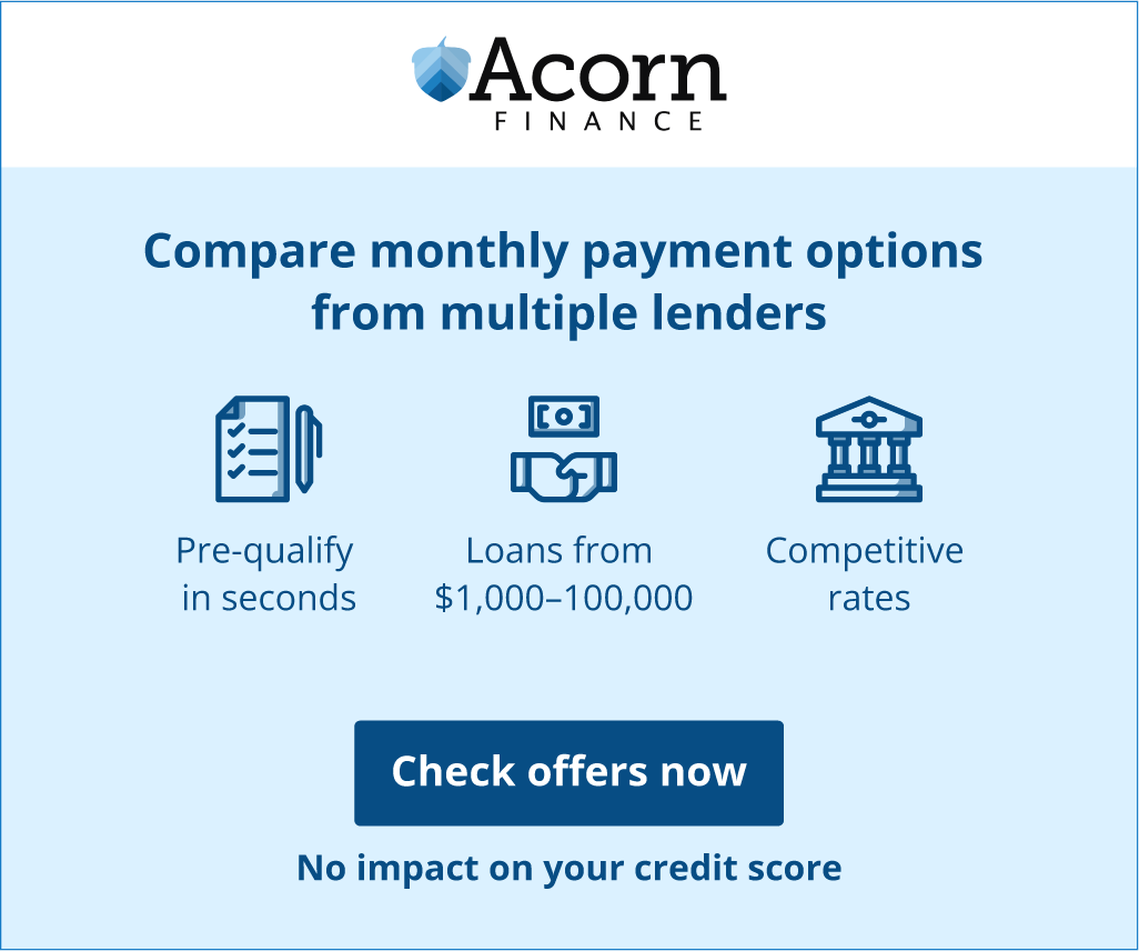 Advertisement for Acorn Finance: Compare payment options.  Offers pre-qualification, loans, and competitive rates.