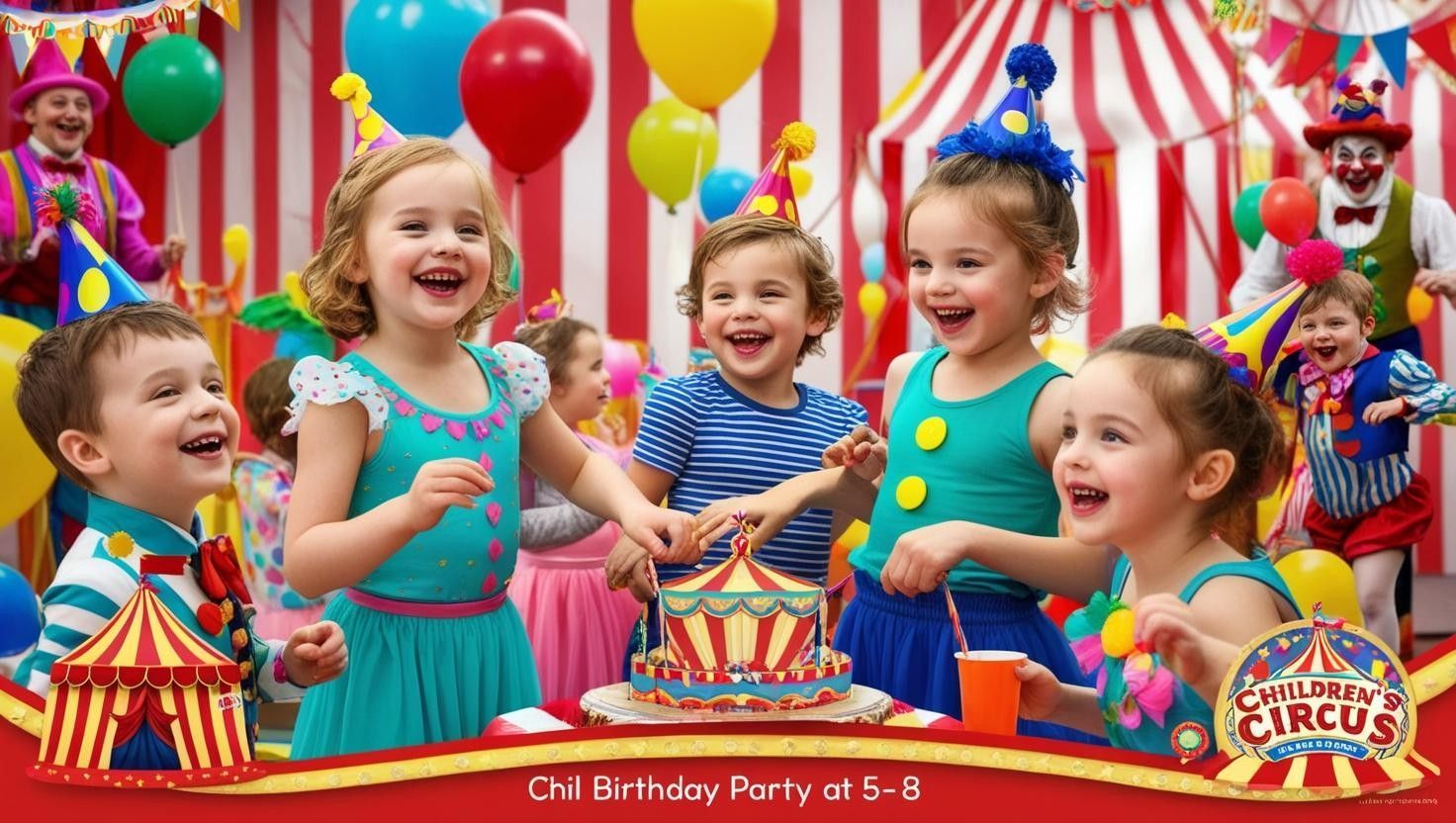 A group of children are standing around a cake at a circus birthday party.