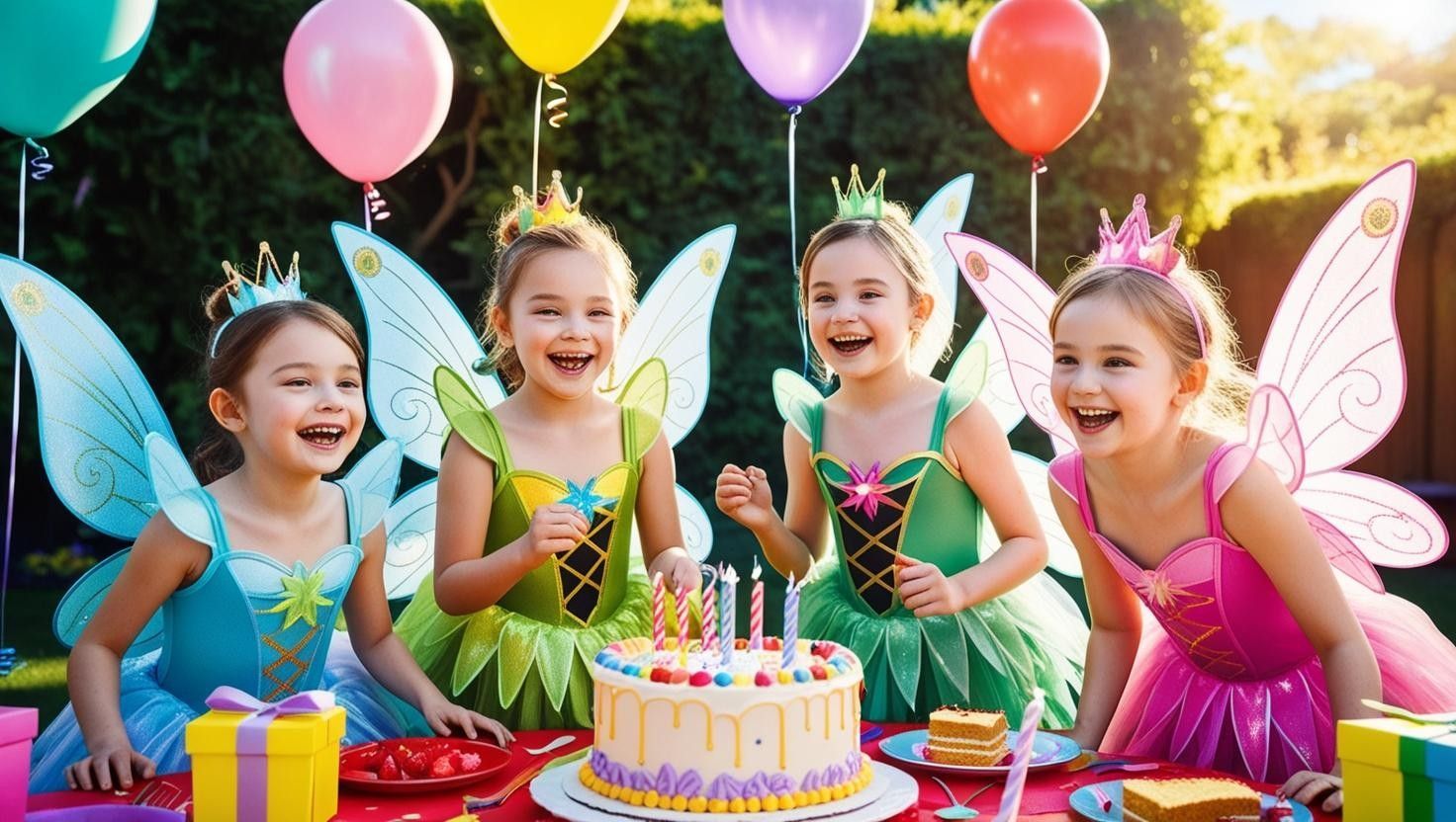 A group of little girls dressed as fairies are sitting around a birthday cake.