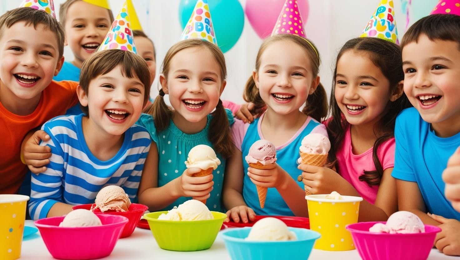A group of children are eating ice cream at a birthday party.
