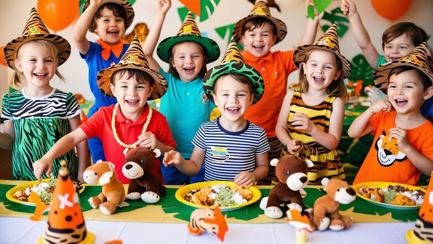 A group of children dressed as animals are sitting at a table at a birthday party.