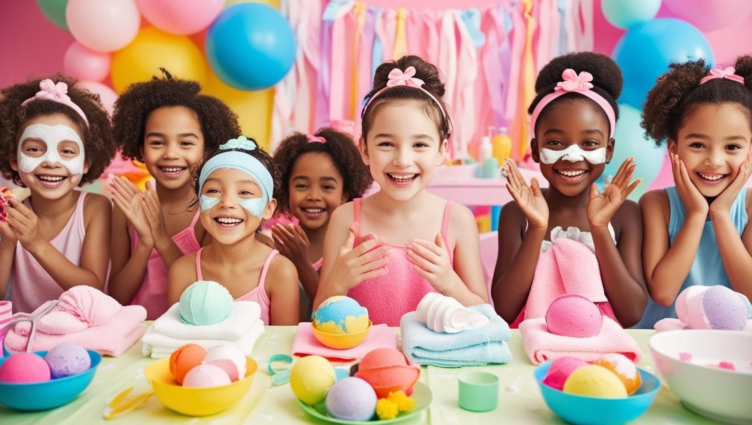 A group of little girls dressed as if there are in the spa and sitting around a birthday table.