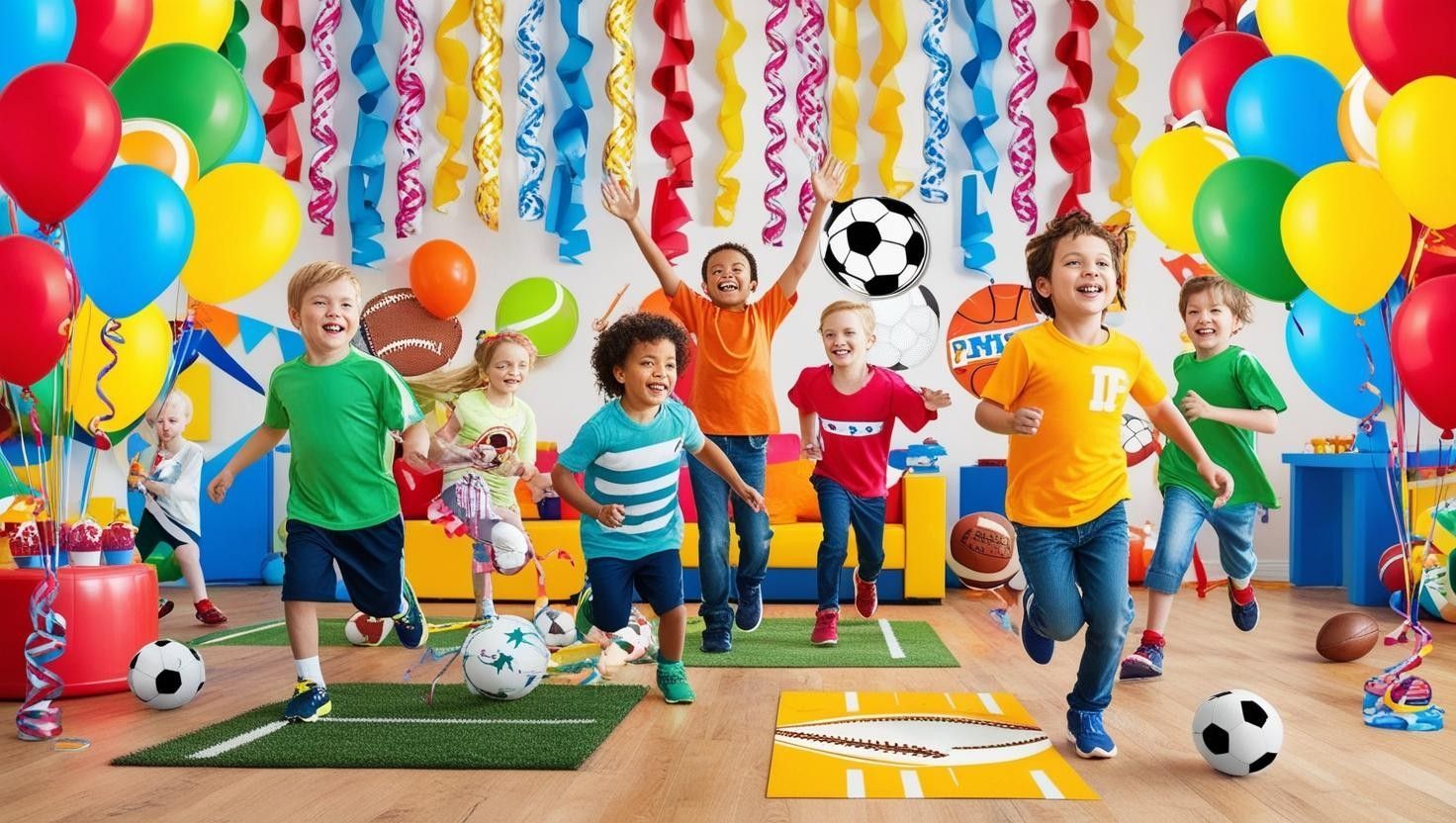 A group of children are playing with balloons and soccer balls at a birthday party.