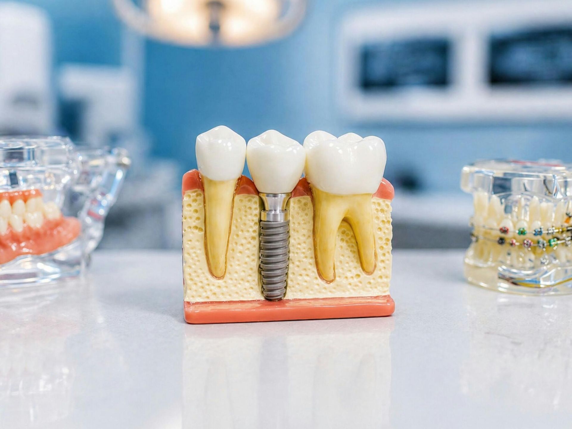 Dental implant model with three teeth, showing a metal screw in a gum-colored base on a table