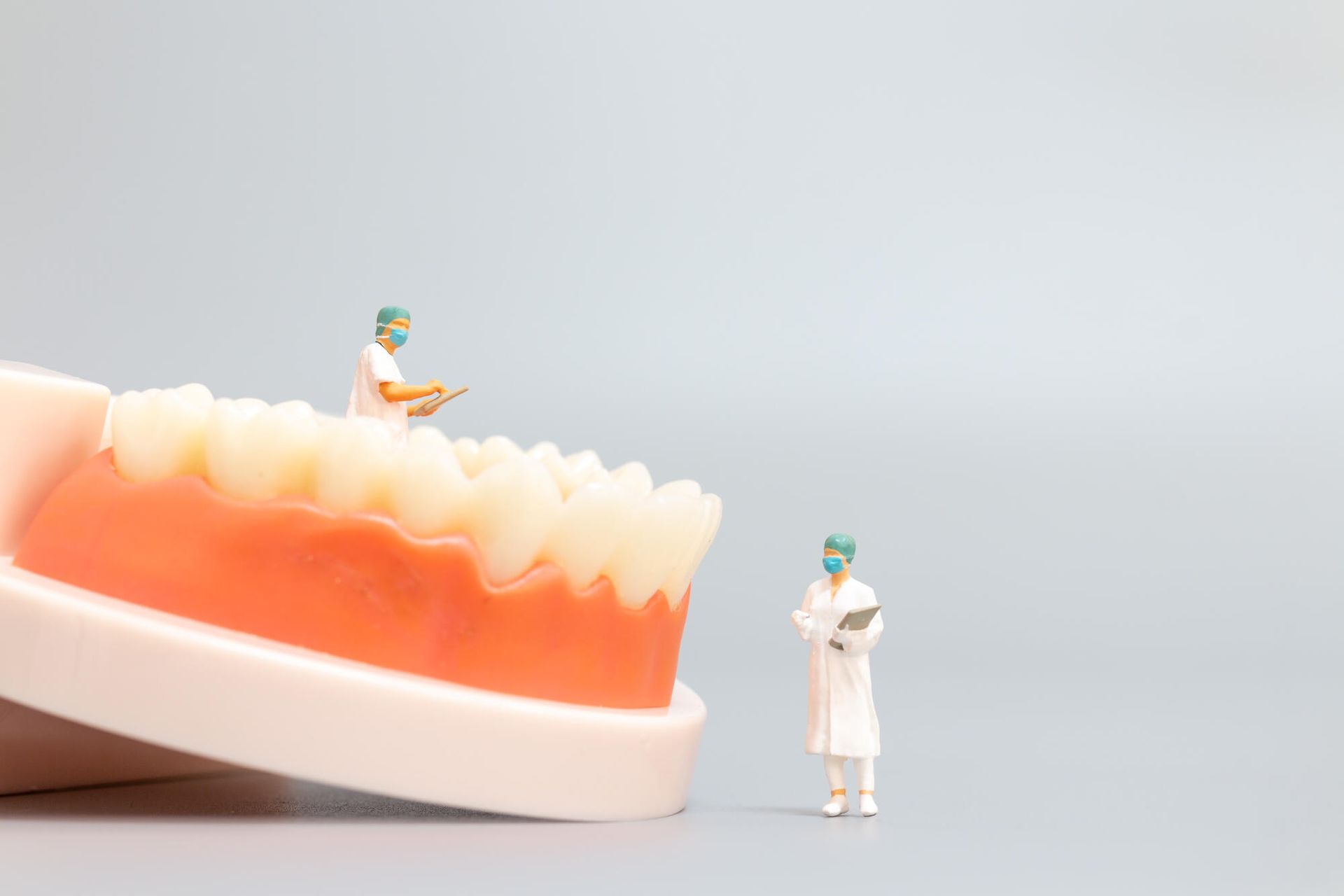 Two miniature dentists are standing next to a model of teeth.