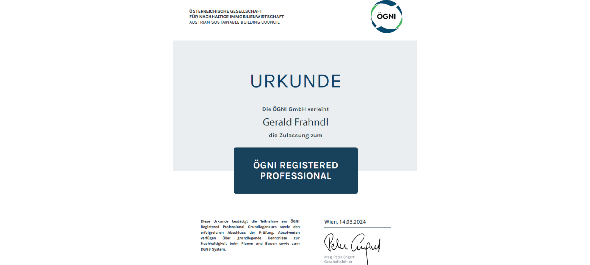 ÖGNI REGISTERED PROFESSIONAL; Urkunde; Österreichische Gesellschaft für nachhaltige Immobilienwirtschaft; nachhaltiges Bauen; Baugewerbe