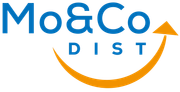A blue and orange logo for mo & co dist
