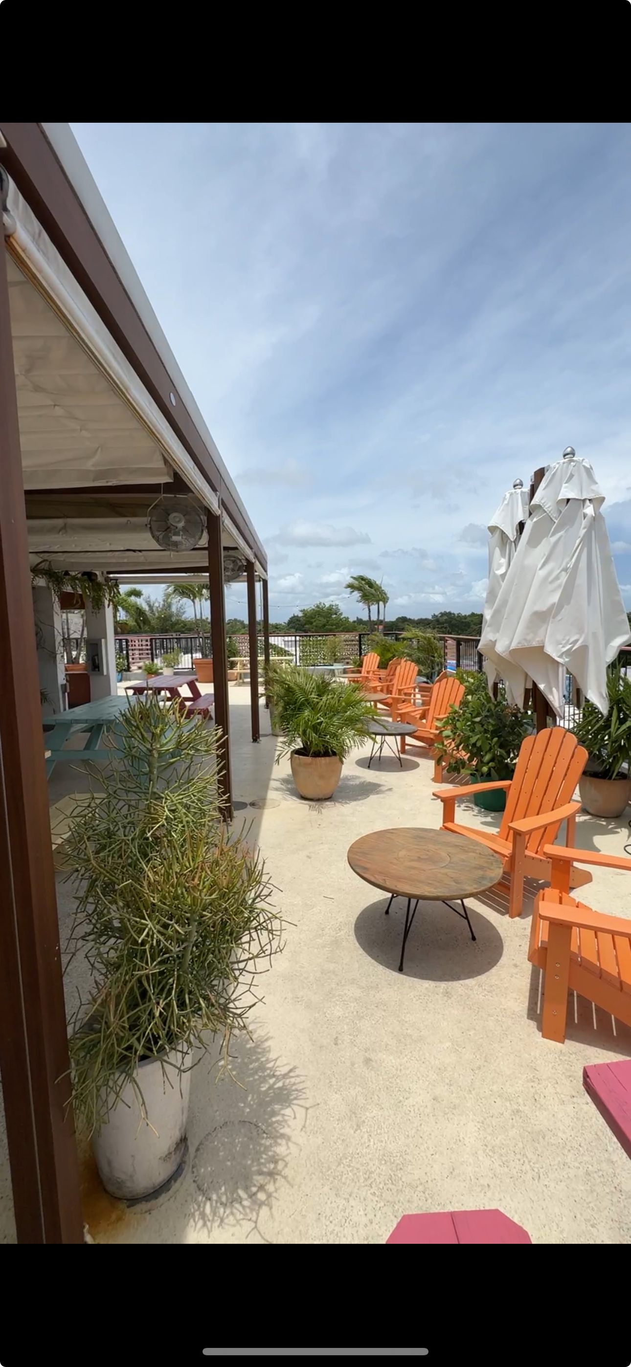 There are many chairs and umbrellas on the patio.
