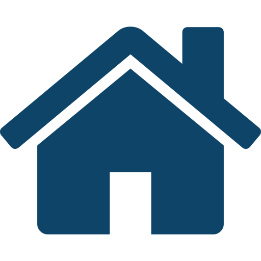 a blue icon of a house with a chimney on a white background .