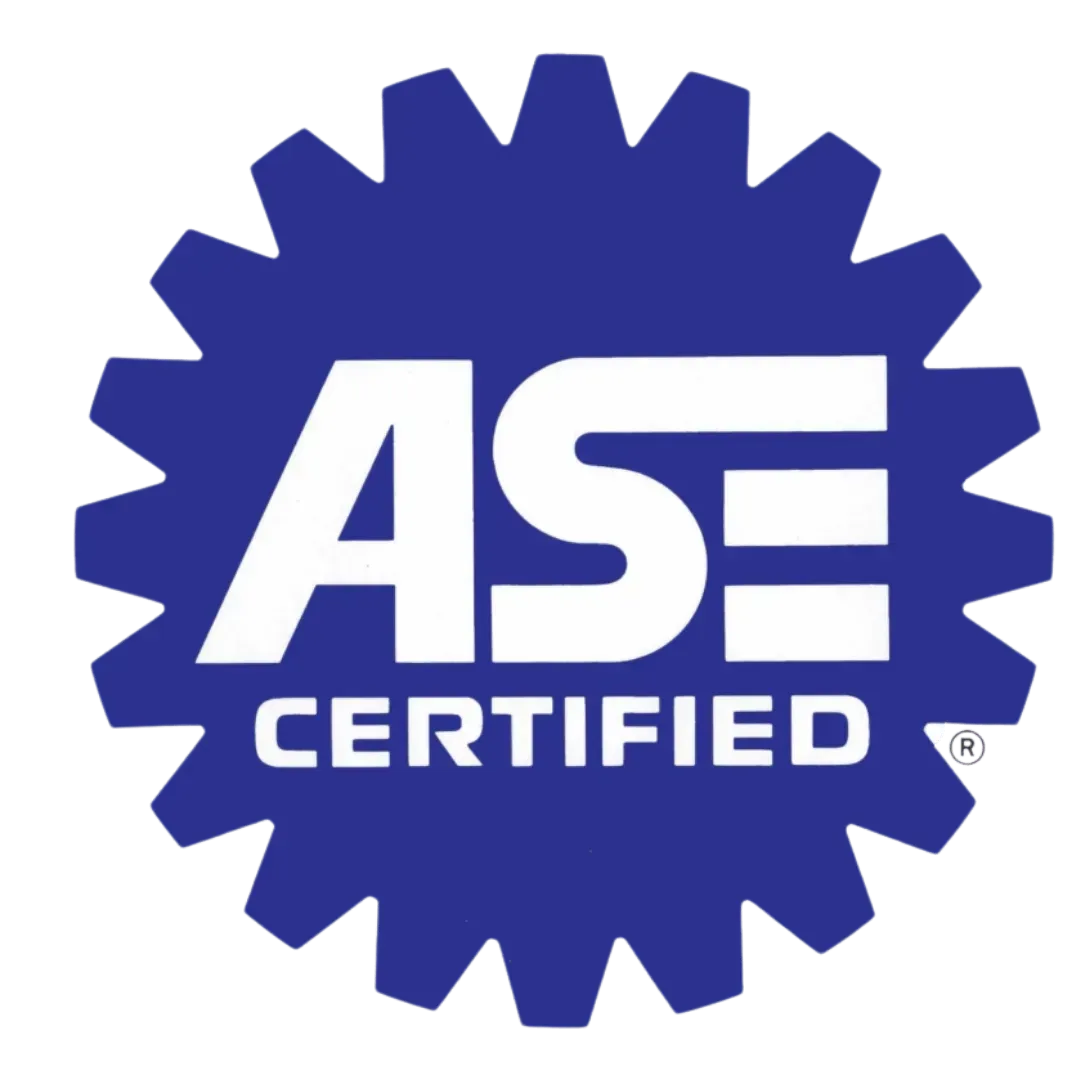 Blue, gear-shaped ASE Certified logo with white text.