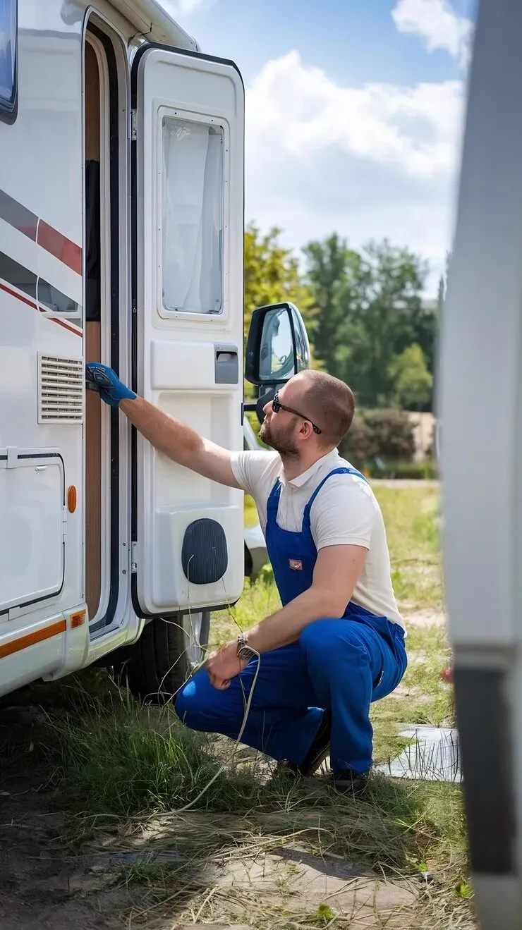 A technician in blue overalls kneels to inspect the vent on the side of a parked camper van on a sunny day.