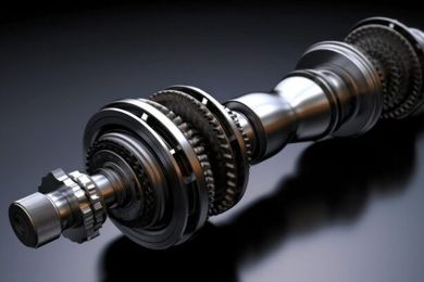 A detailed, metallic mechanical shaft featuring gears and cylindrical components against a dark, reflective background.