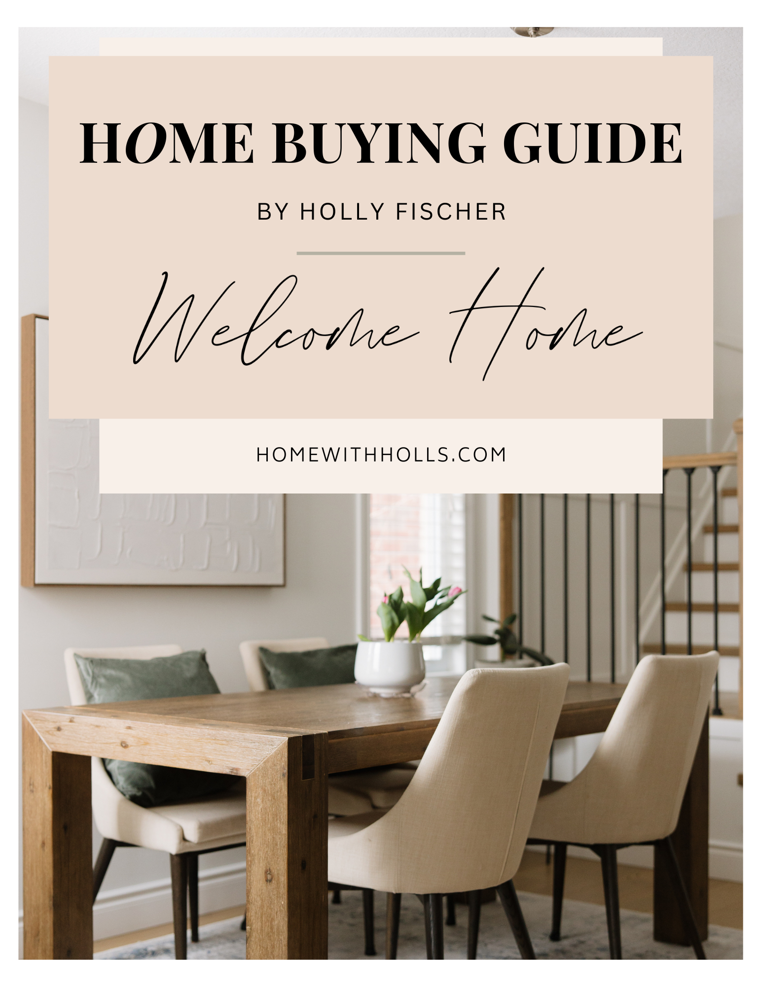 A home buying guide shows a dining room with a wooden table and chairs.
