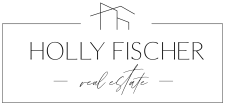 The logo for holly fischer real estate is black and white.