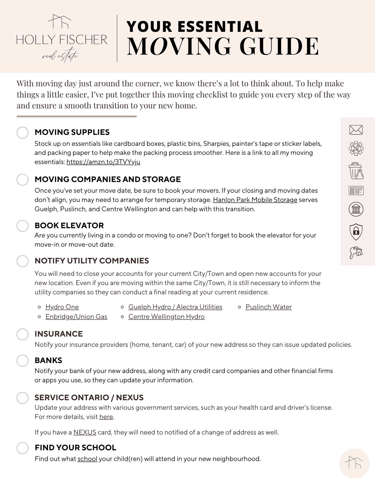 A moving guide checklist with headings such as moving supplies, storage, and utility companies.