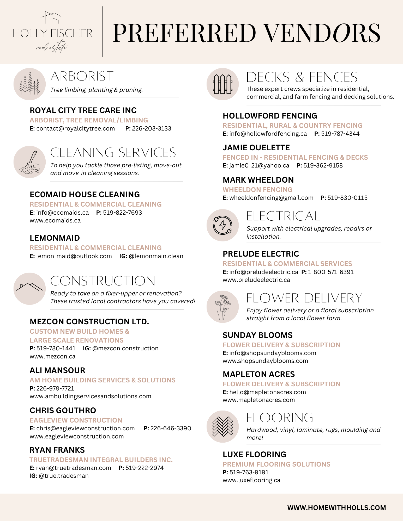 A list of preferred vendors for a wedding.