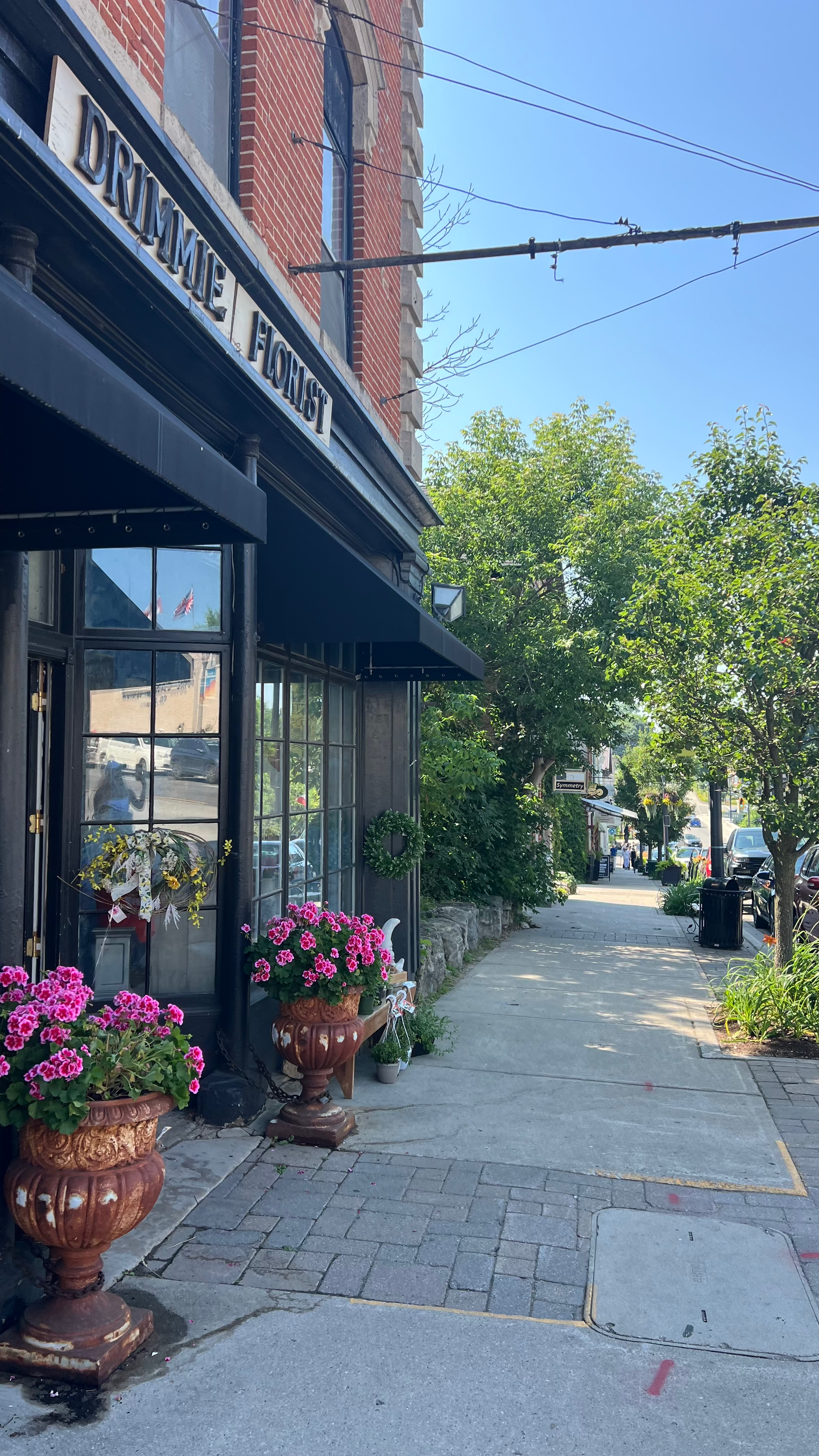 A sidewalk leading to a building with flowers in front of it.