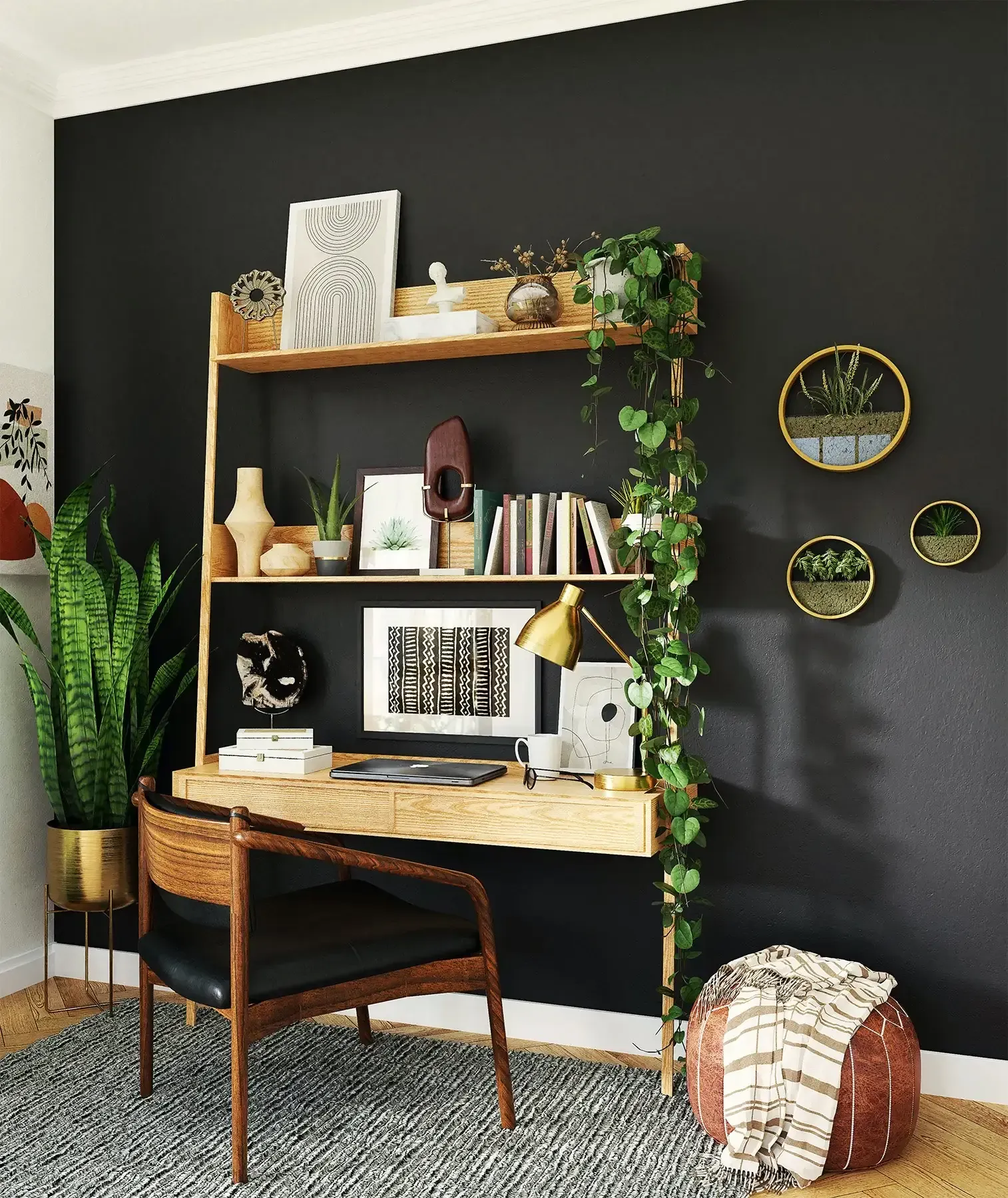 A home office with a desk , chair , shelves and plants.