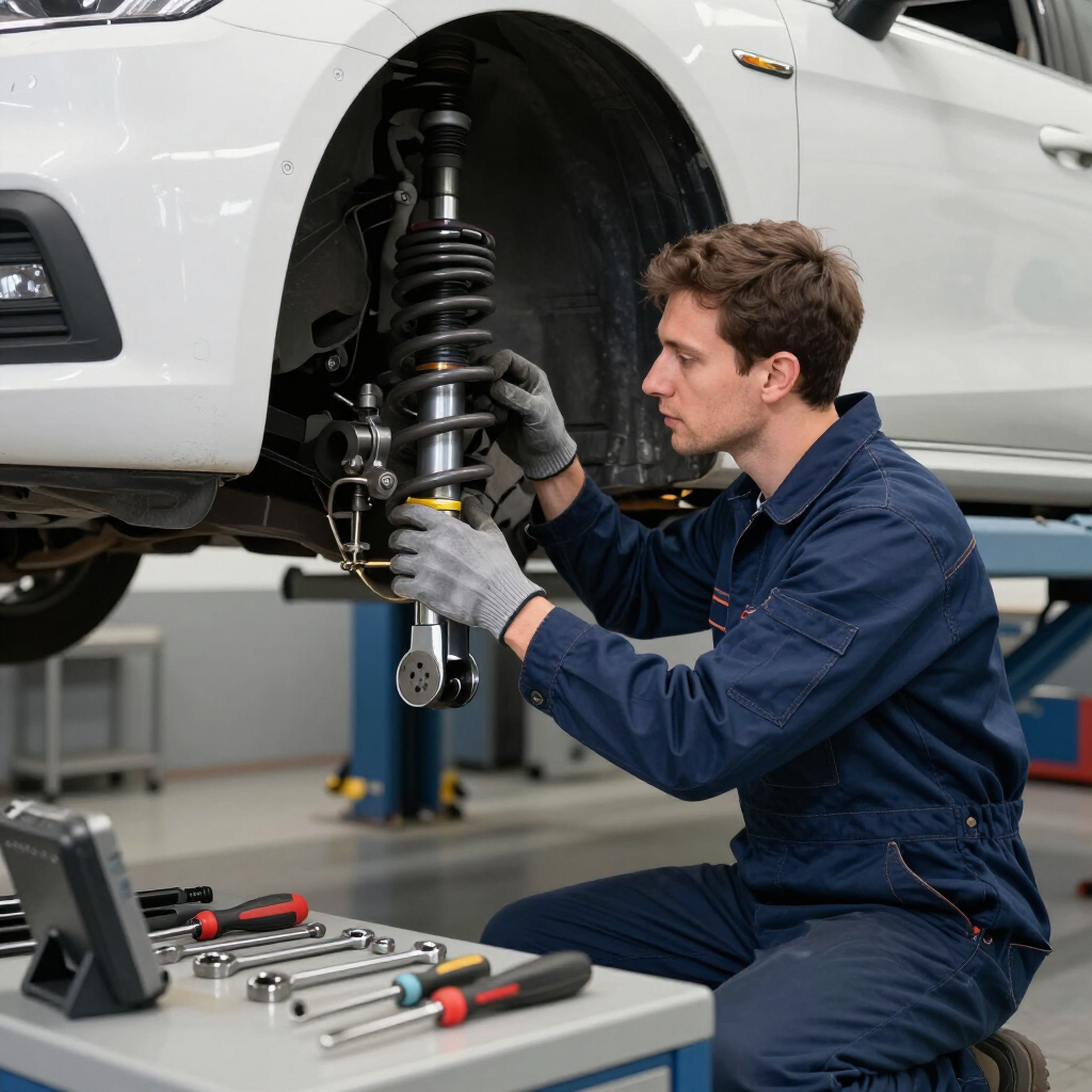 Mecánico con mono azul inspeccionando la suspensión delantera de un coche en un taller.